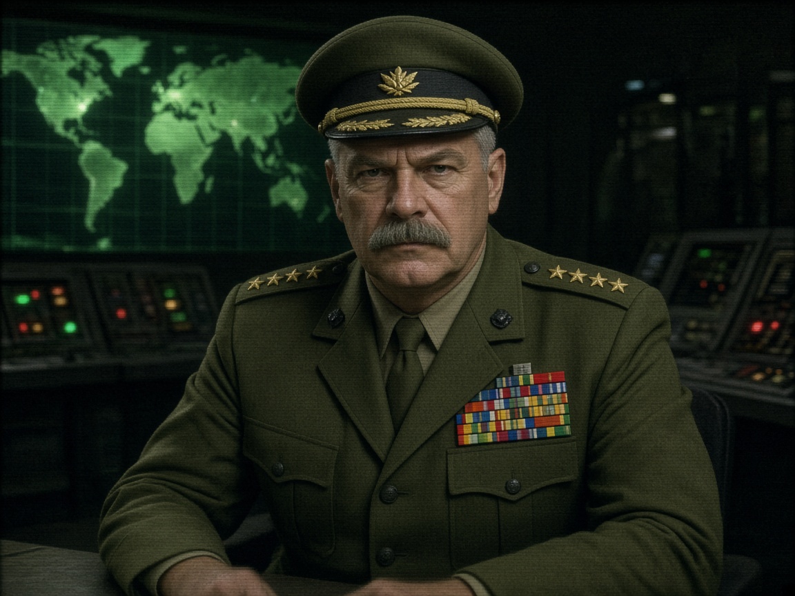 A stern four-star general seated in a dark command room in front of a glowing green world map.