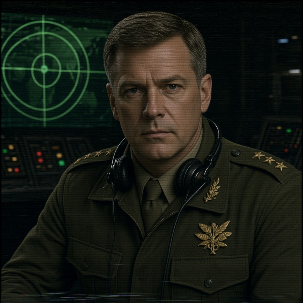 Intel officer with a headset in a green-lit command room.