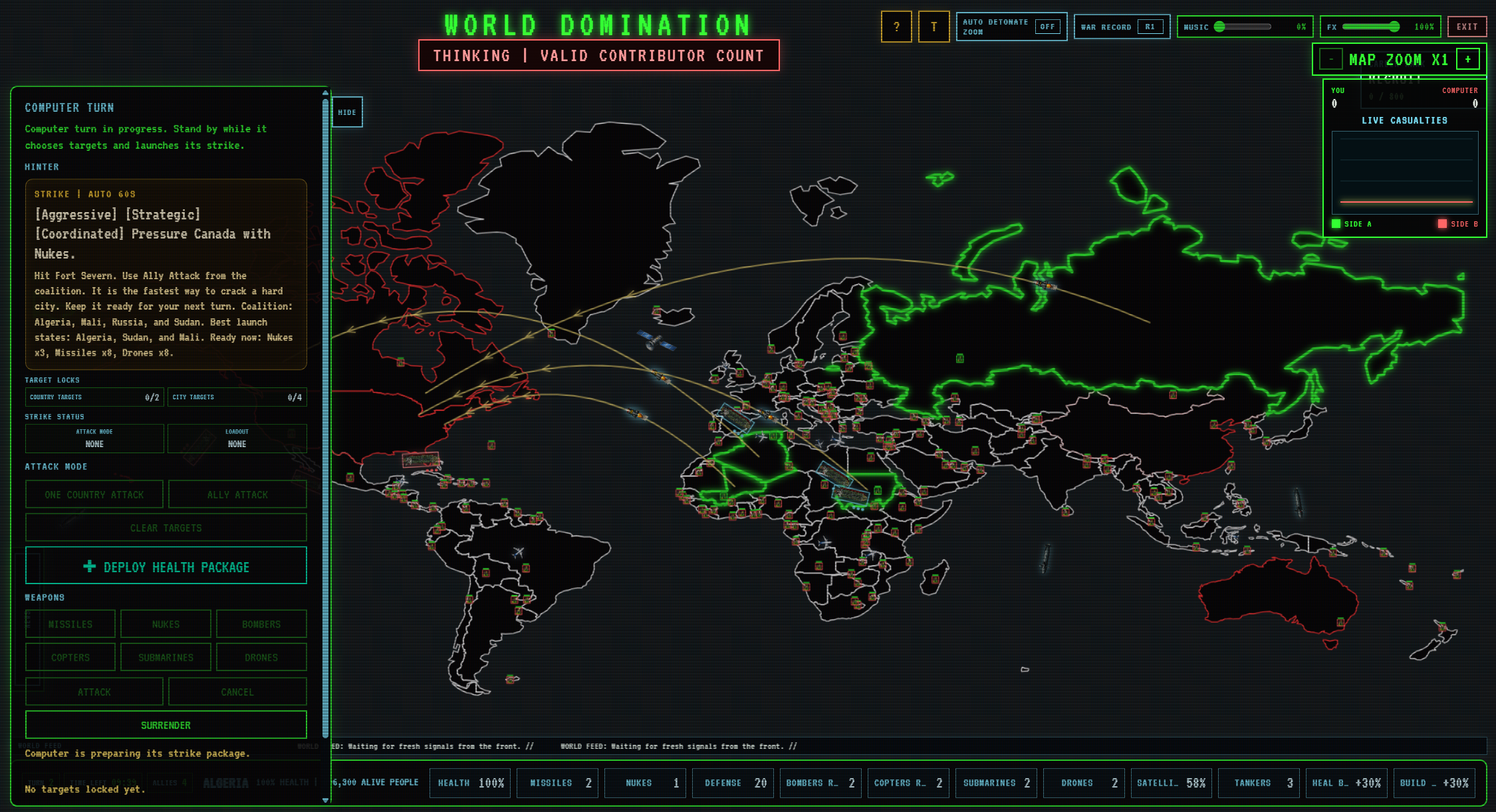 World Domination battlefield interface showing the map, target panel, and live HUD.