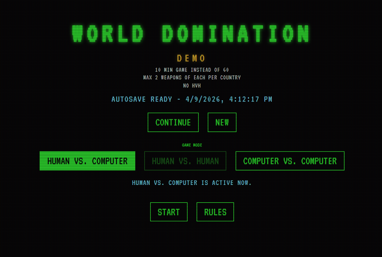 World Domination start menu and mode selector.